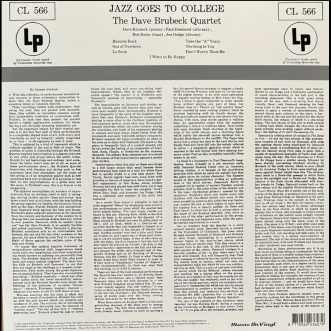 THE DAVE BRUBECK QUARTET : JAZZ GOES TO COLLEGE LP 180G