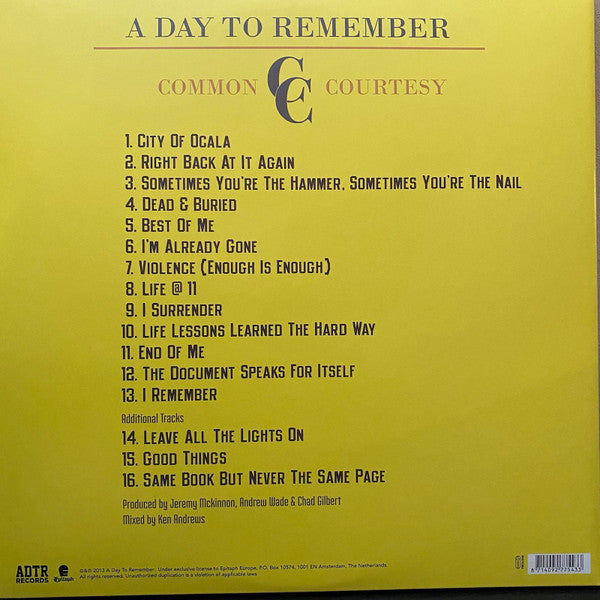 A DAY TO REMEMBER : COMMON COURTESY LTD 2LP 180G CLEAR YELLOW VINYL DIE CUT SLEEVE