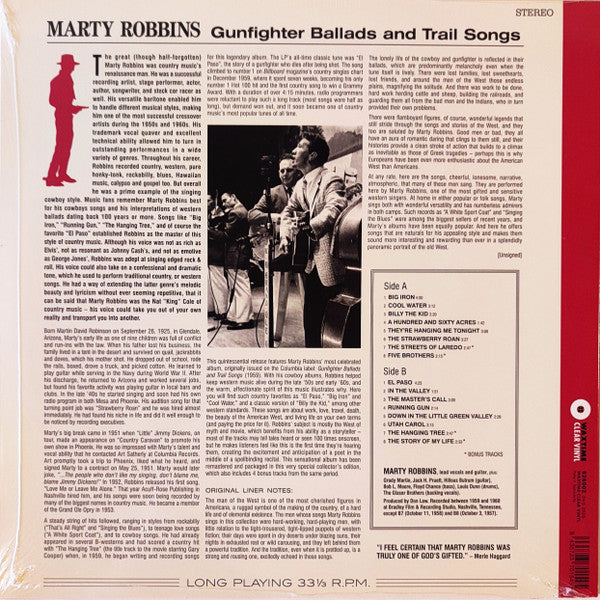 MARTY ROBBINS : GUNFIGHTER BALLADS AND TRAIL SONGS LTD LP 180G CLEAR VINYL