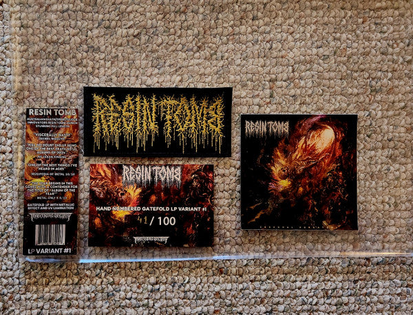 RESIN TOMB : CEREBRAL PURGATORY LTD NUMBERED LP 18OG SPLATTER VINYL INC. PATCH + STICKER