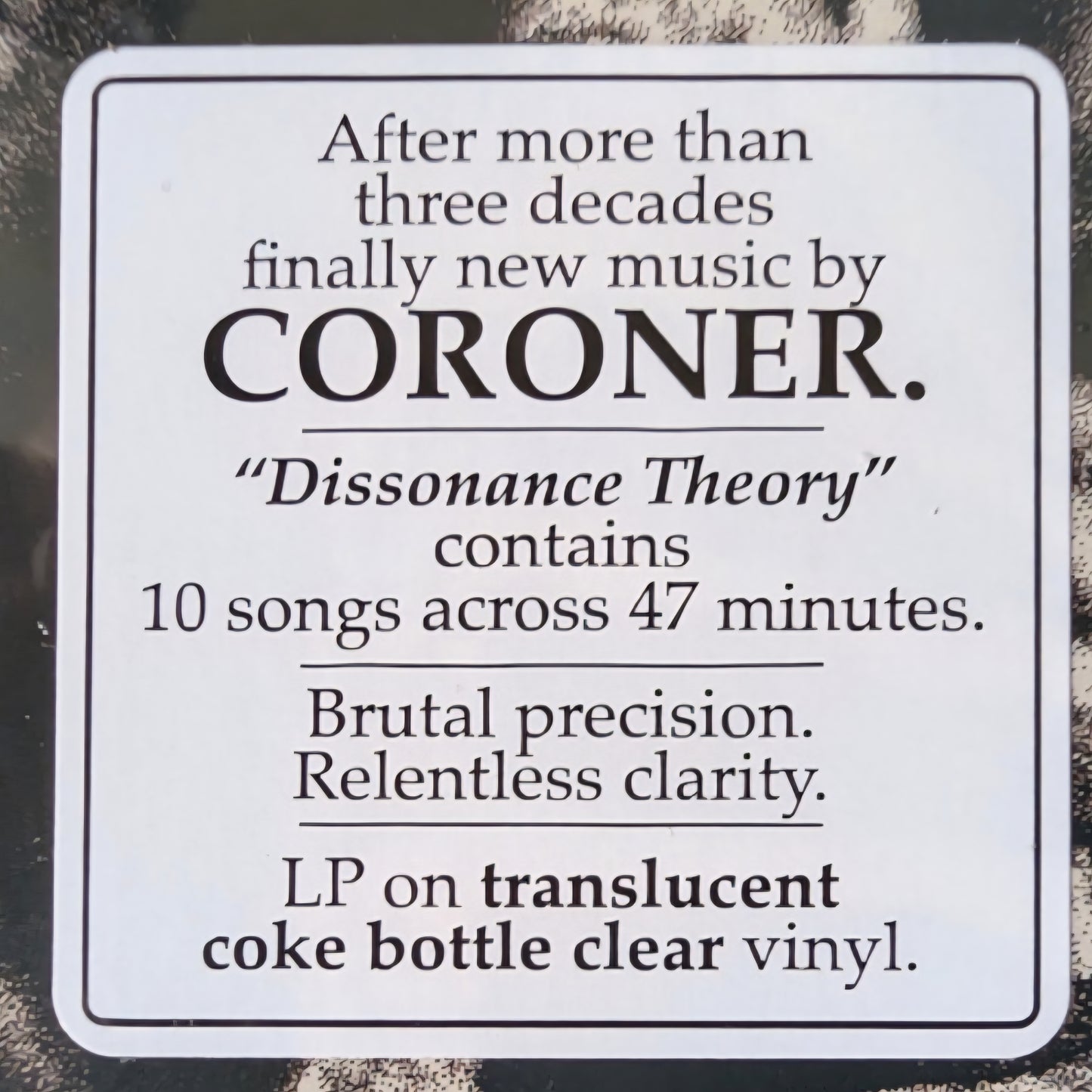 CORONER : DISSONANCE THEORY LTD LP 180G COKE BOTTLE CLEAR VINYL