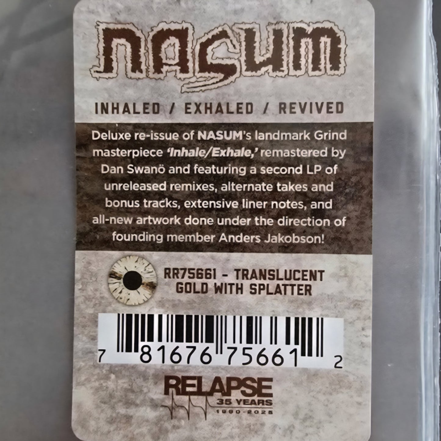 NASUM : INHALED / EXHALED / REVIVED LTD 2LP 180G TRANSLUCENT GOLD BLACK SPLATTER VINYL